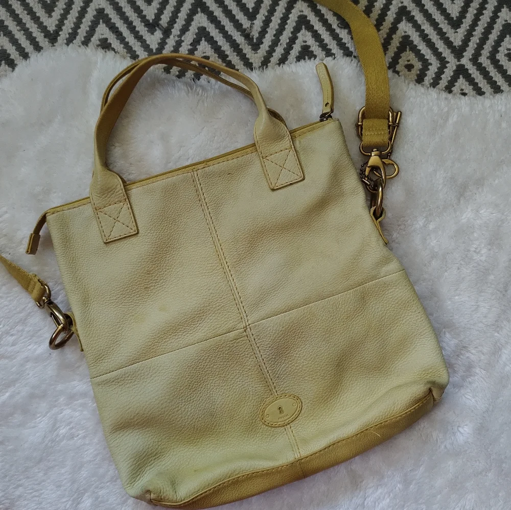 Fossil Genuine Leather Light Green Crossbody Tote Bag with Front Pockets